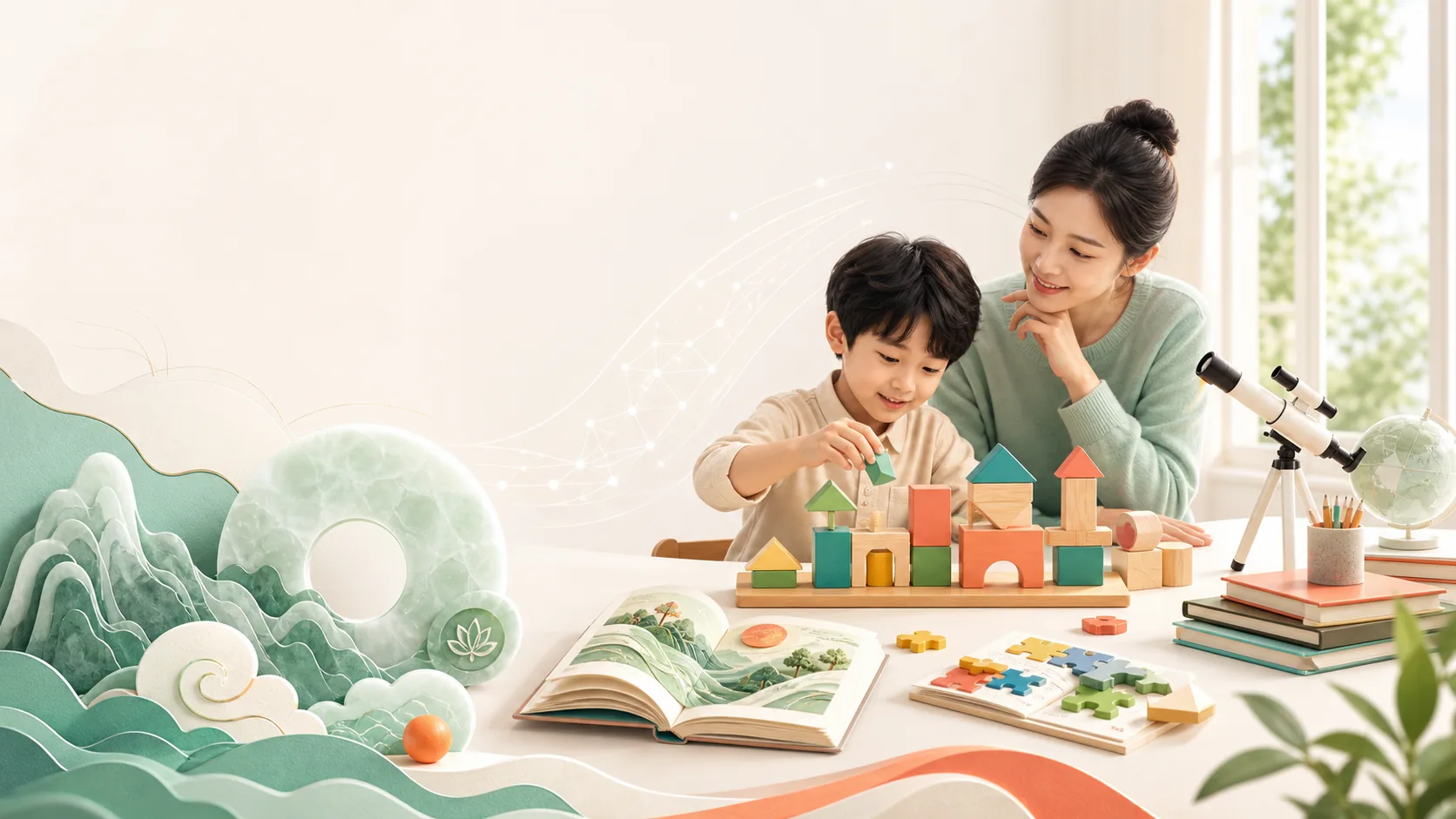孩子在家长陪伴下搭建创意积木
